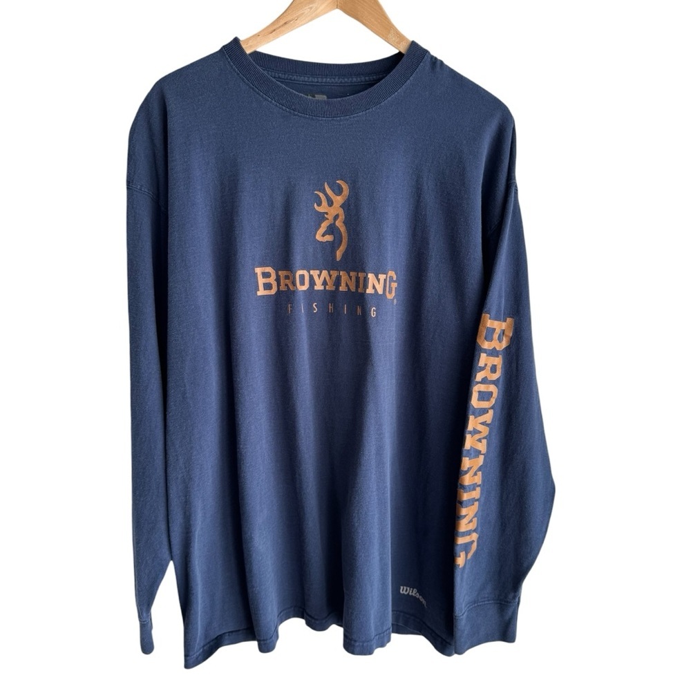 Wilson Browning Fishing Shirt Mens XL Navy Blue Spell-Out Long Sleeve Outdoor